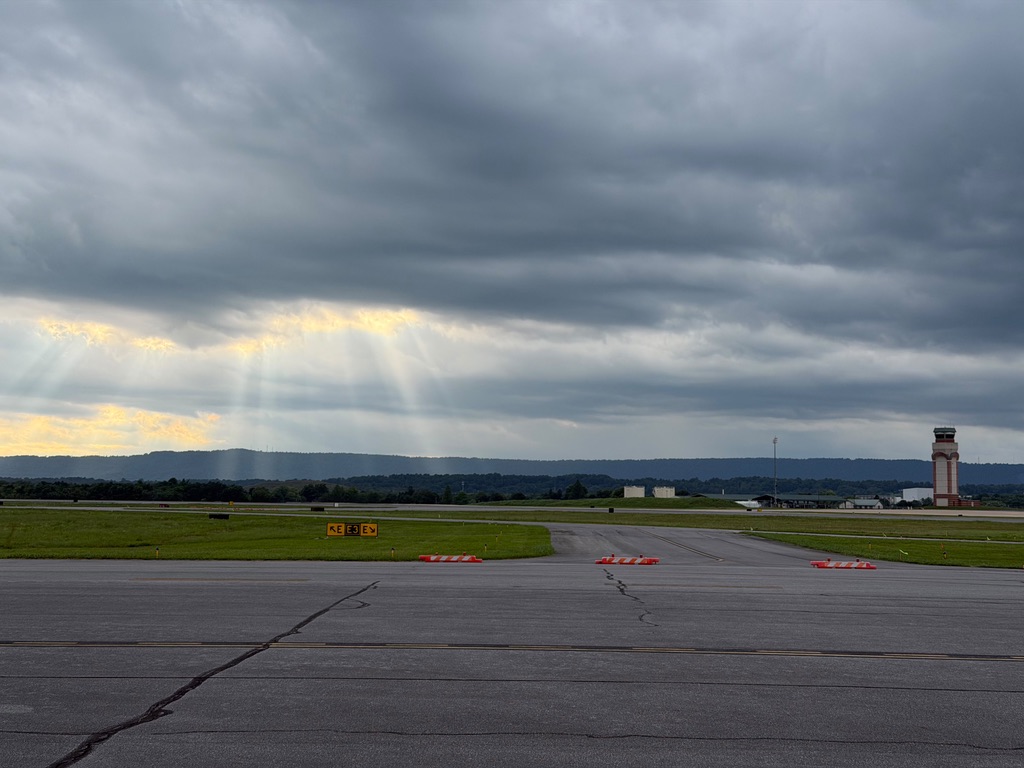 Evening sky over the KMRB runway and tower